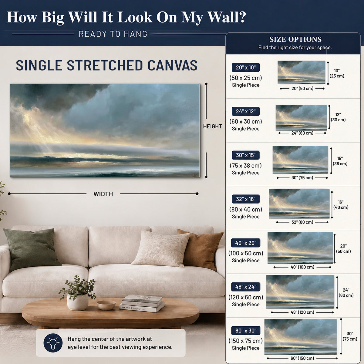 Dramatic blue-gray storm clouds breaking over a pale strip of ocean light single canvas wall art size guide above a sofa; room view is illustrative