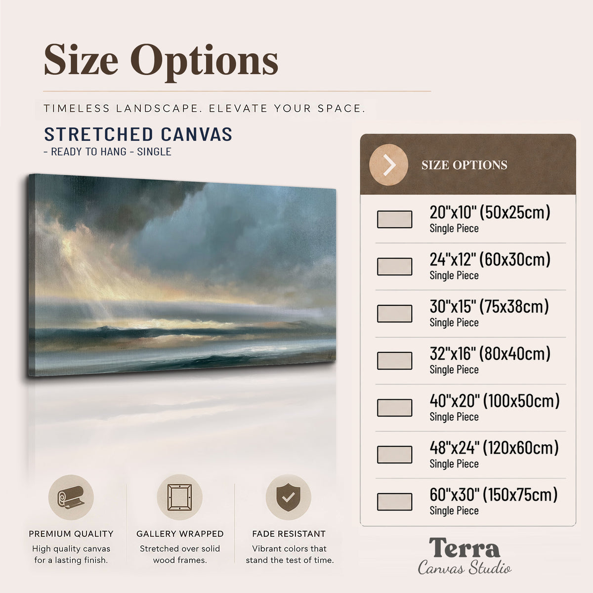 Dramatic blue-gray storm clouds breaking over a pale strip of ocean light single canvas wall art available dimensions