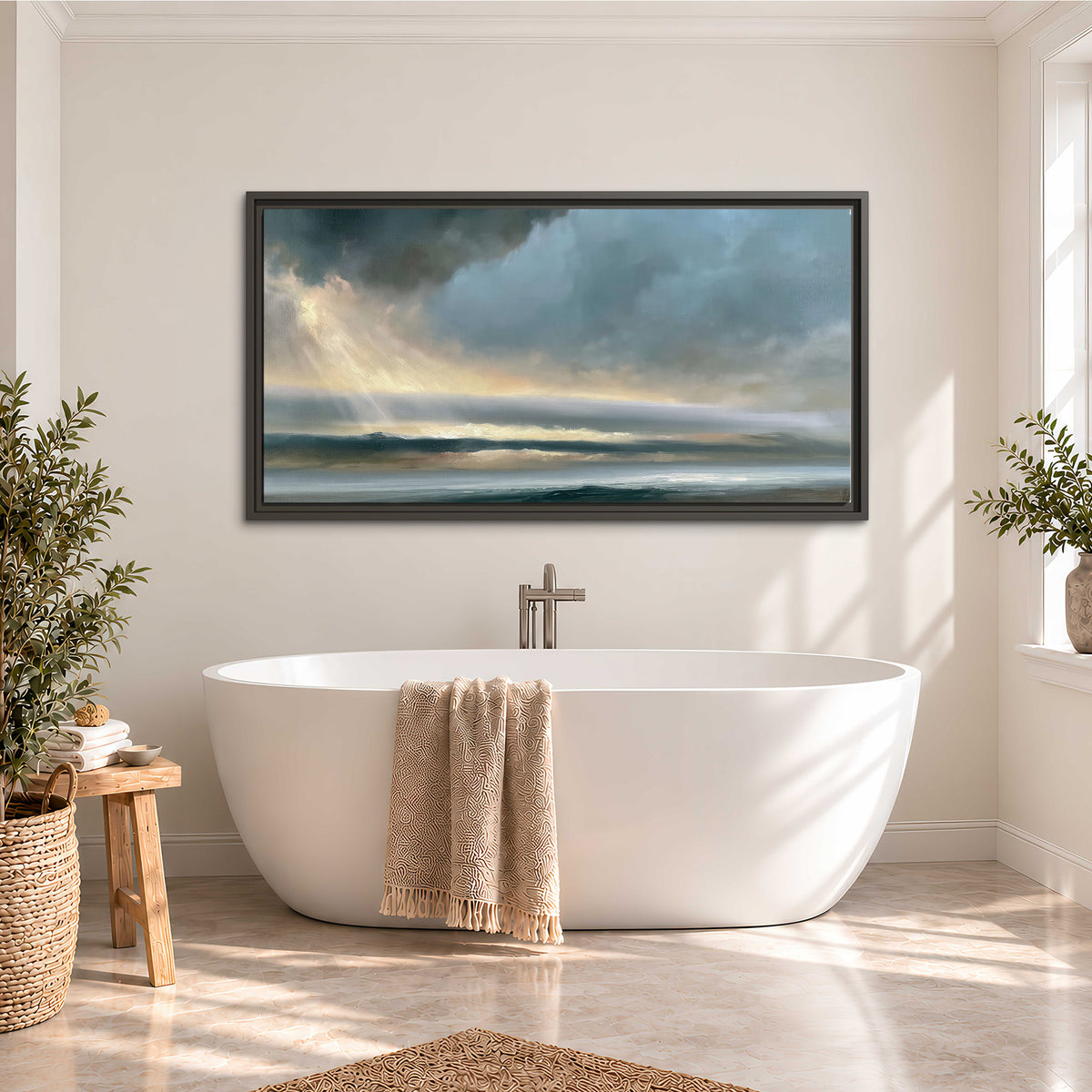 Dramatic blue-gray storm clouds breaking over a pale strip of ocean light single framed canvas wall art styled in an interior