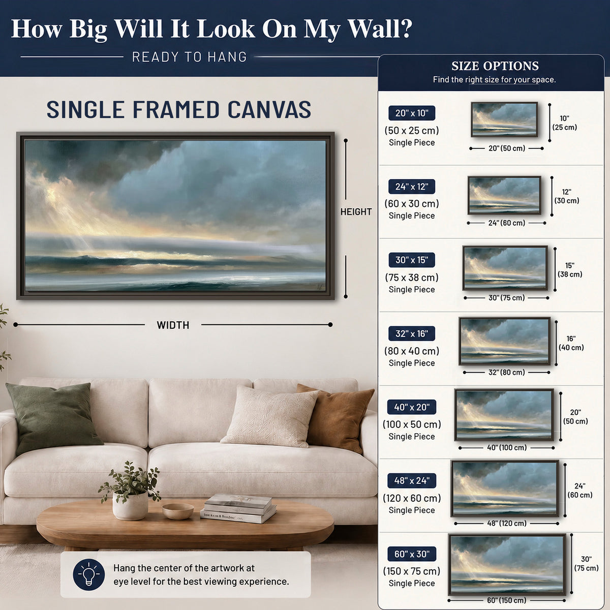 Dramatic blue-gray storm clouds breaking over a pale strip of ocean light single framed canvas wall art size guide above a sofa; room view is illustrative