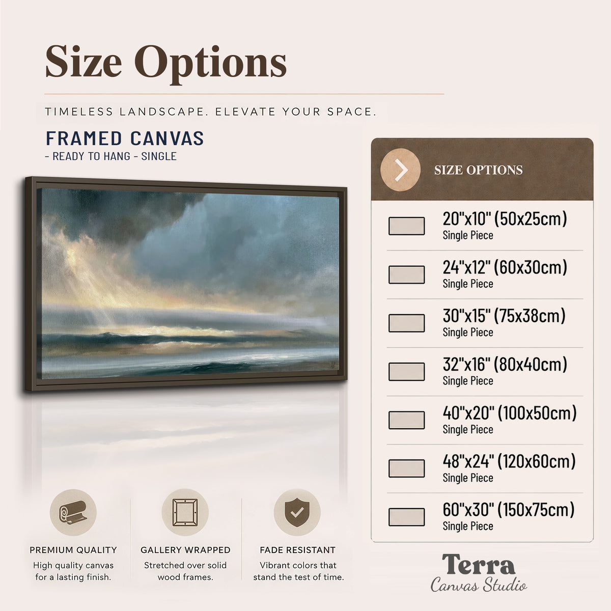 Dramatic blue-gray storm clouds breaking over a pale strip of ocean light single framed canvas wall art available dimensions