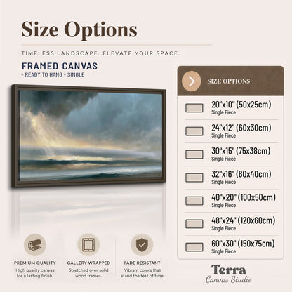 Dramatic blue-gray storm clouds breaking over a pale strip of ocean light single framed canvas wall art available dimensions
