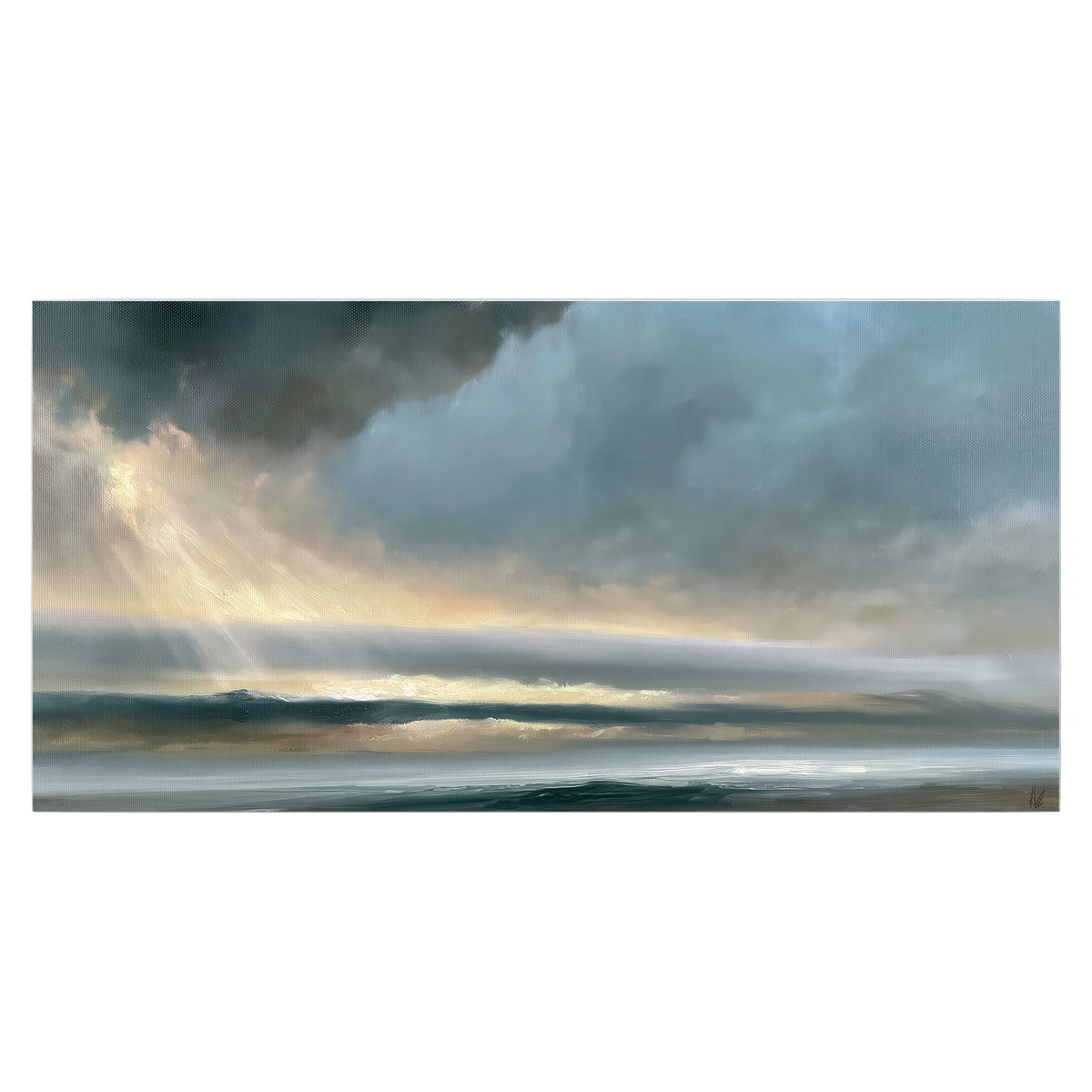 Dramatic blue-gray storm clouds breaking over a pale strip of ocean light single poster print viewed straight on