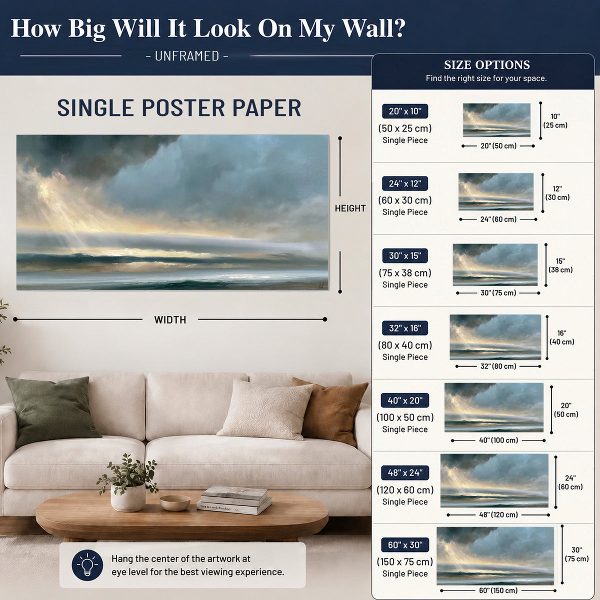 Dramatic blue-gray storm clouds breaking over a pale strip of ocean light single poster print size guide above a sofa; room view is illustrative