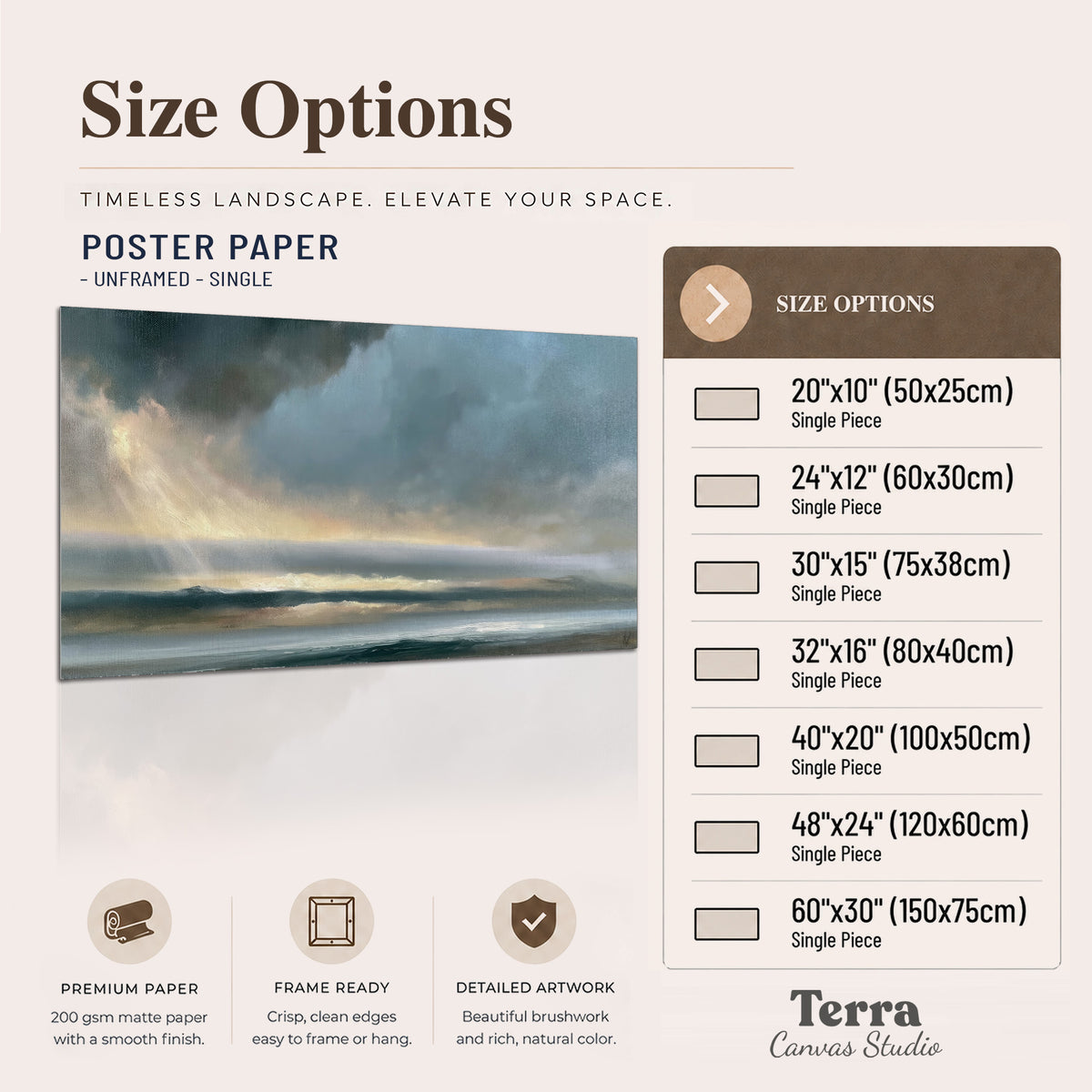 Dramatic blue-gray storm clouds breaking over a pale strip of ocean light single poster print available dimensions