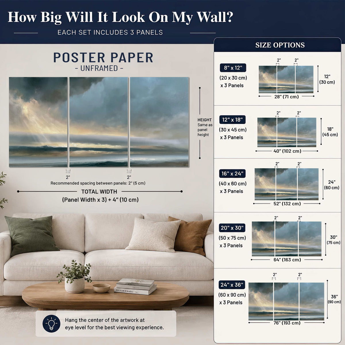 Dramatic blue-gray storm clouds breaking over a pale strip of ocean light set of 3 poster prints size guide above a sofa; room view is illustrative