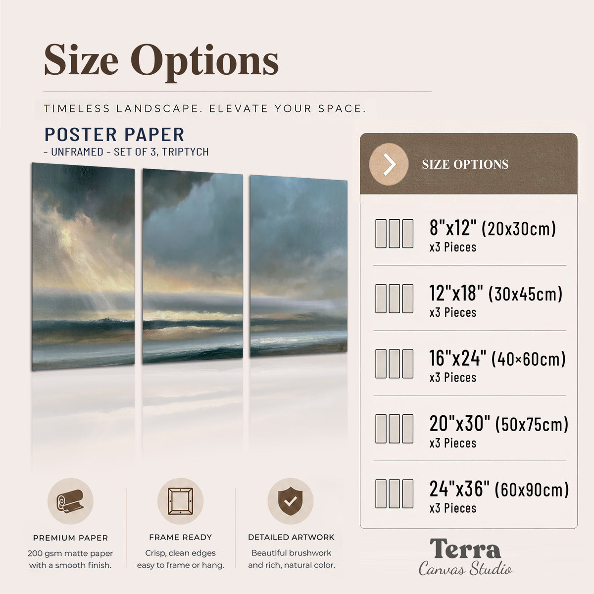 Dramatic blue-gray storm clouds breaking over a pale strip of ocean light set of 3 poster prints available dimensions; triptych dimensions are per panel