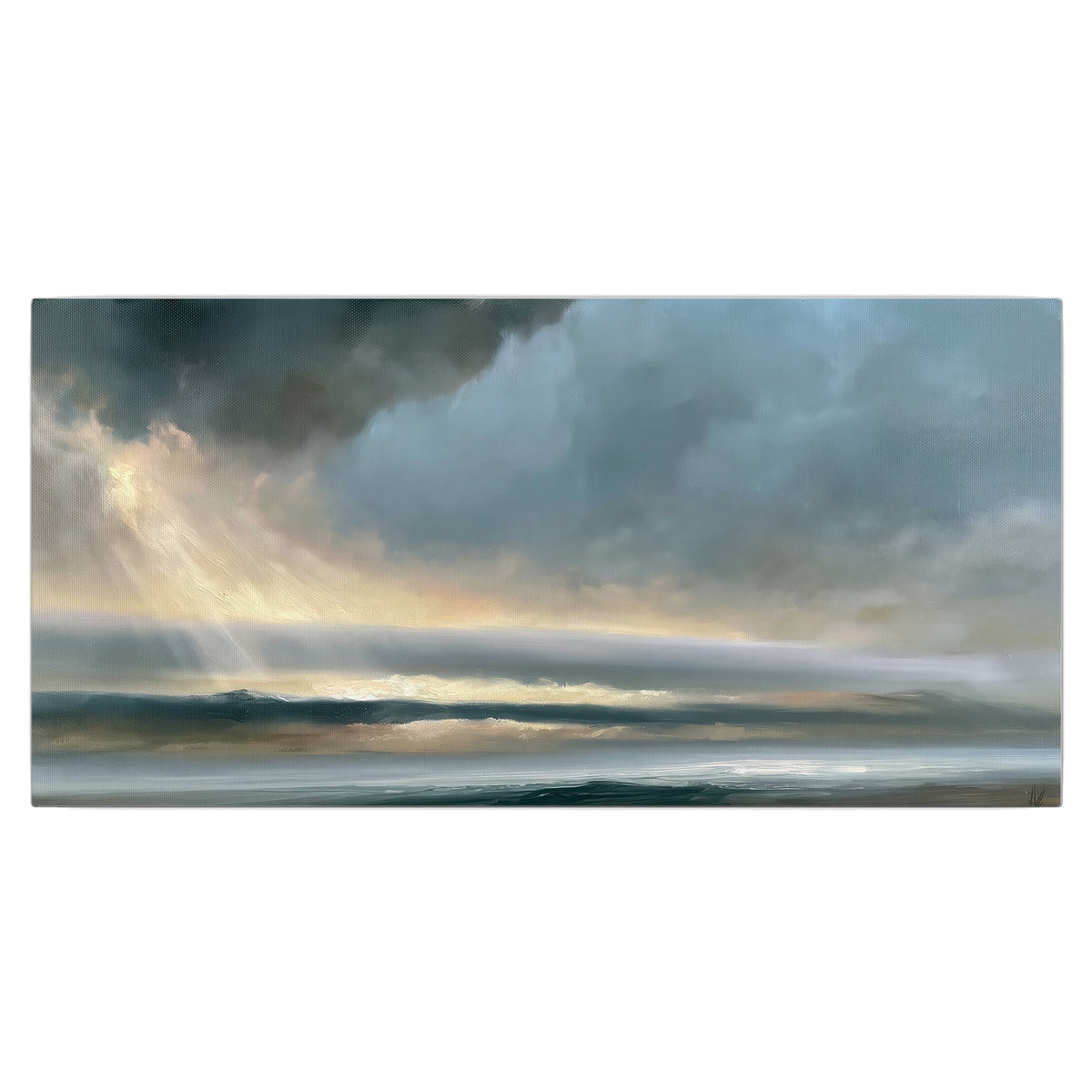 Dramatic blue-gray storm clouds breaking over a pale strip of ocean light single canvas wall art viewed straight on