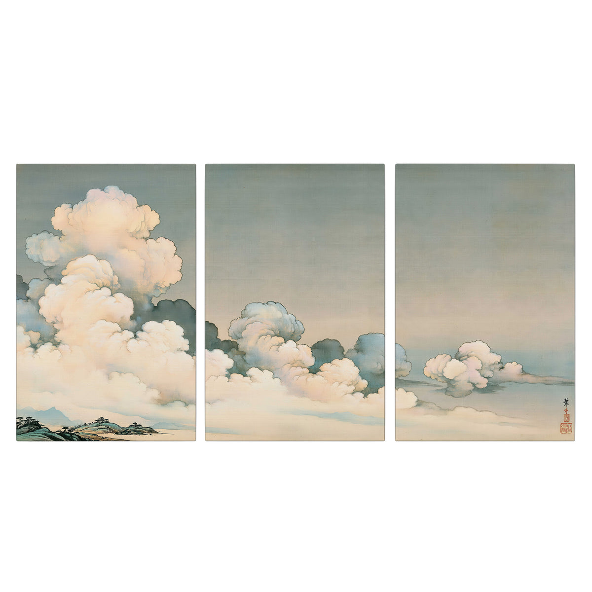 Soft cream clouds gathered low in a muted blue-green sky 3 piece canvas wall art viewed straight on