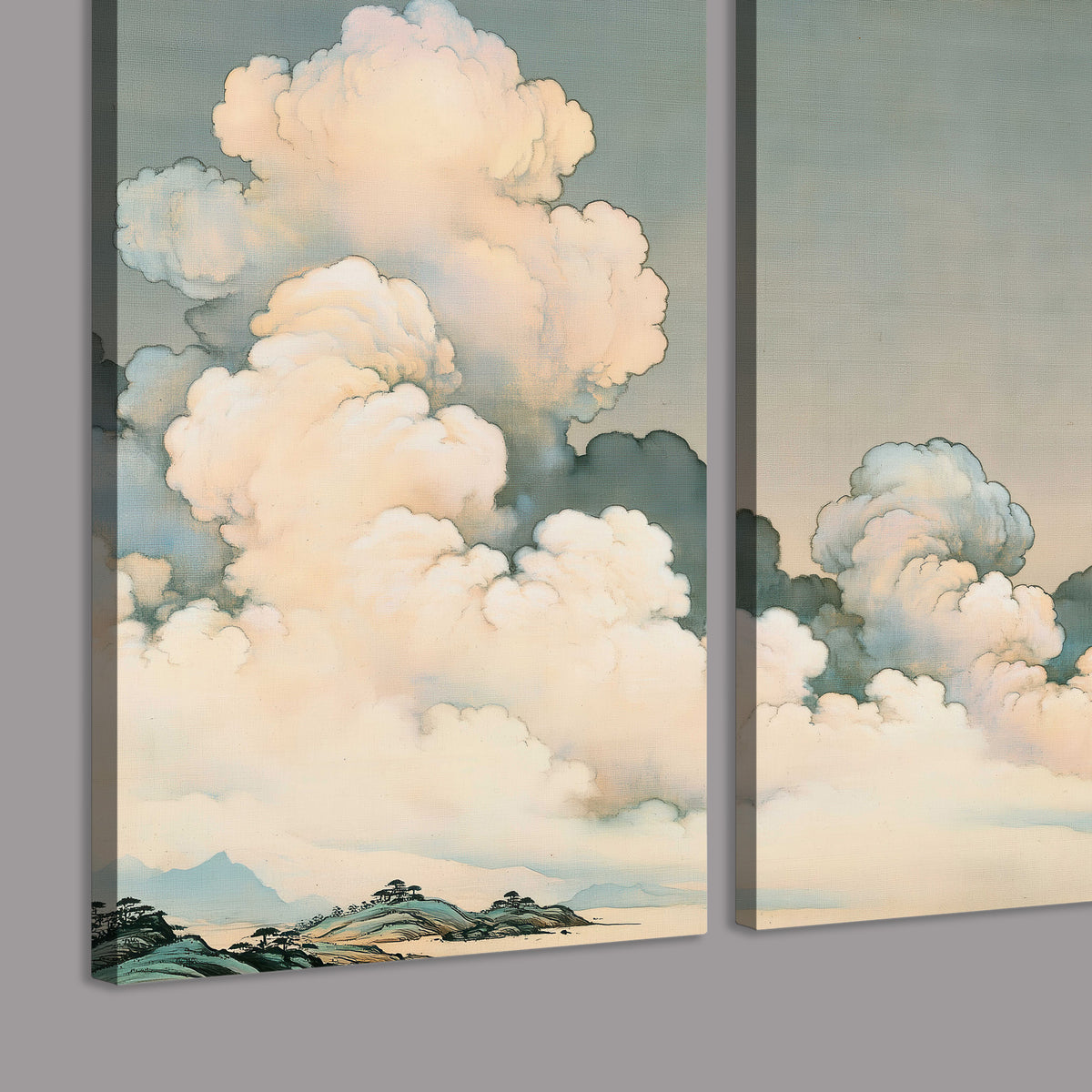 Soft cream clouds gathered low in a muted blue-green sky 3 piece canvas wall art room and product view