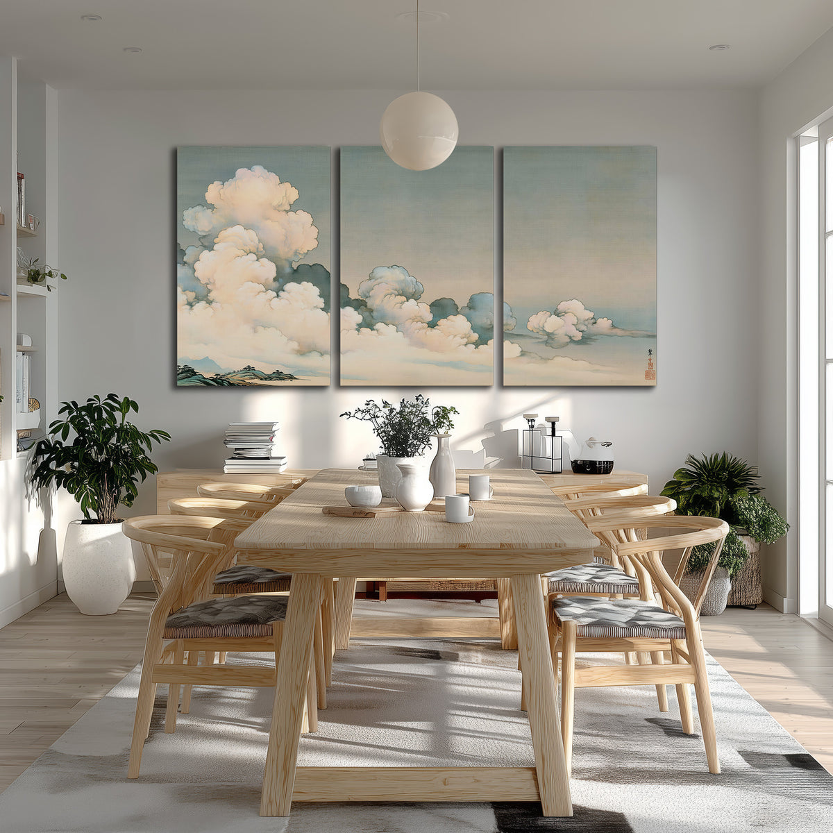 Soft cream clouds gathered low in a muted blue-green sky 3 piece canvas wall art room and product view