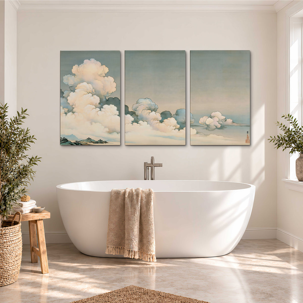 Soft cream clouds gathered low in a muted blue-green sky 3 piece canvas wall art styled in an interior