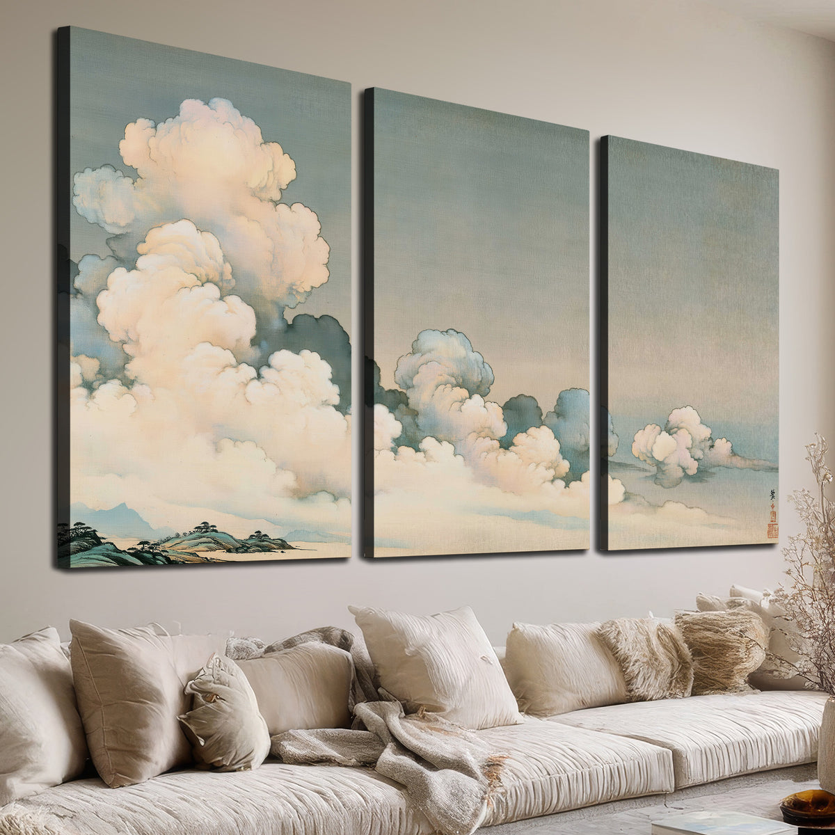Soft cream clouds gathered low in a muted blue-green sky 3 piece canvas wall art room and product view
