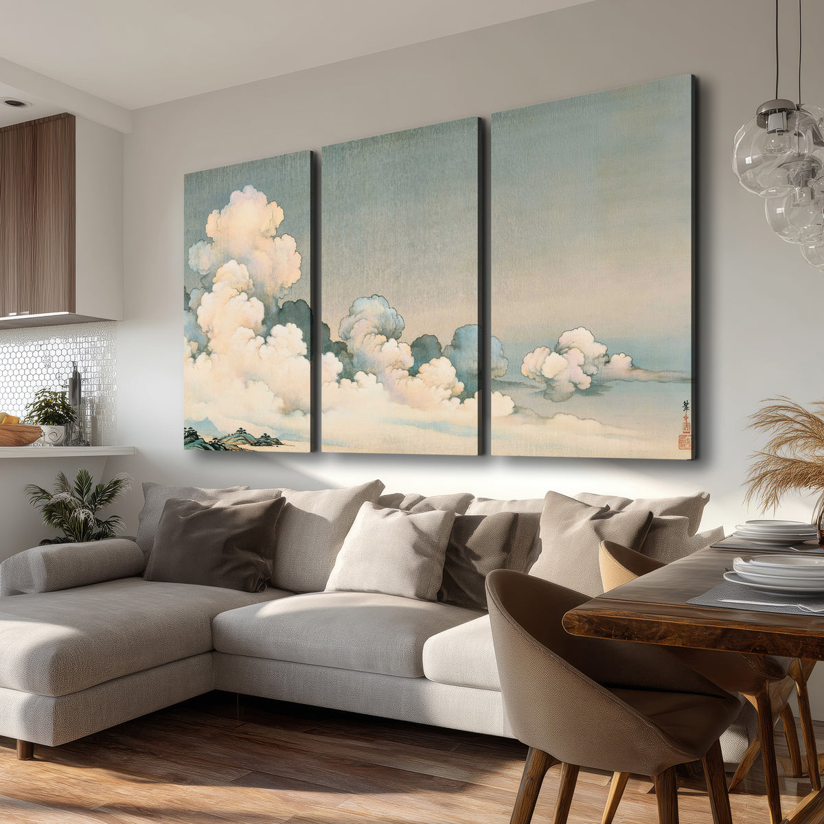 Soft cream clouds gathered low in a muted blue-green sky 3 piece canvas wall art room and product view
