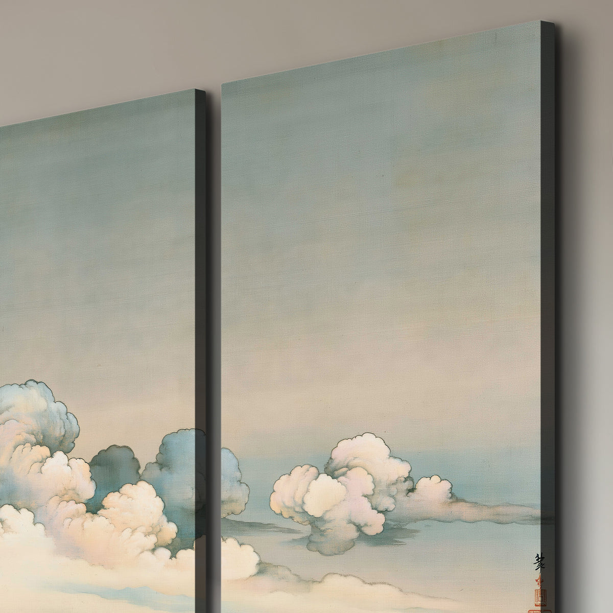 Soft cream clouds gathered low in a muted blue-green sky 3 piece canvas wall art room and product view