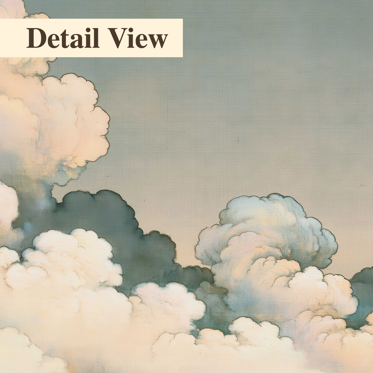 Soft cream clouds gathered low in a muted blue-green sky 3 piece canvas wall art artwork detail close up