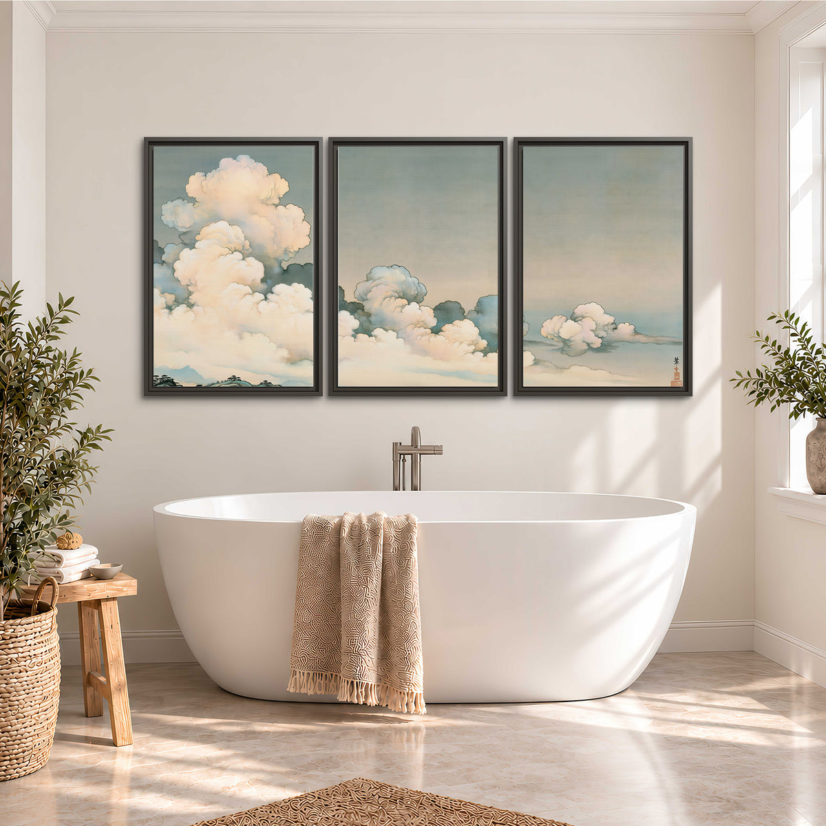 Soft cream clouds gathered low in a muted blue-green sky 3 piece framed canvas wall art styled in an interior