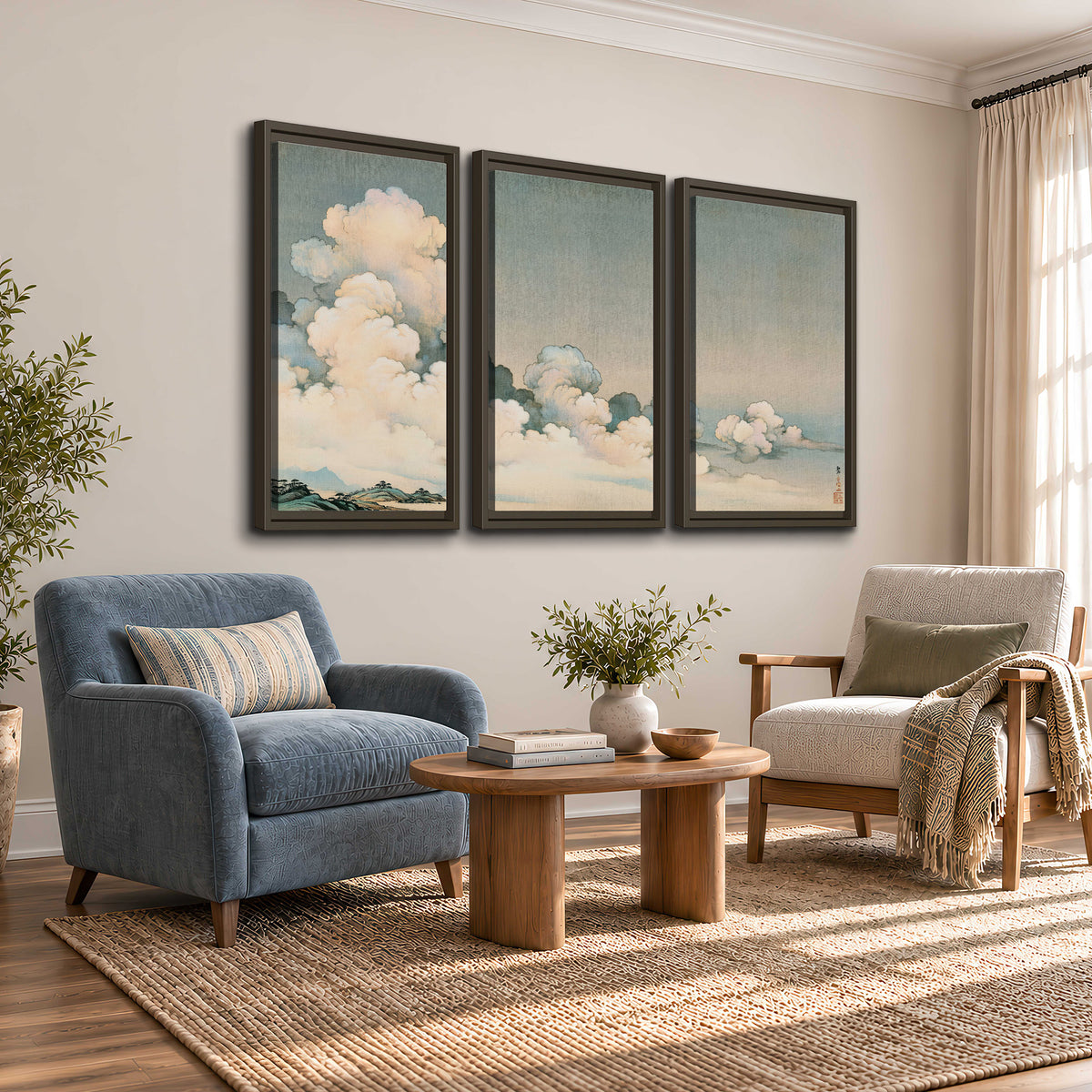 Soft cream clouds gathered low in a muted blue-green sky 3 piece framed canvas wall art styled in an interior