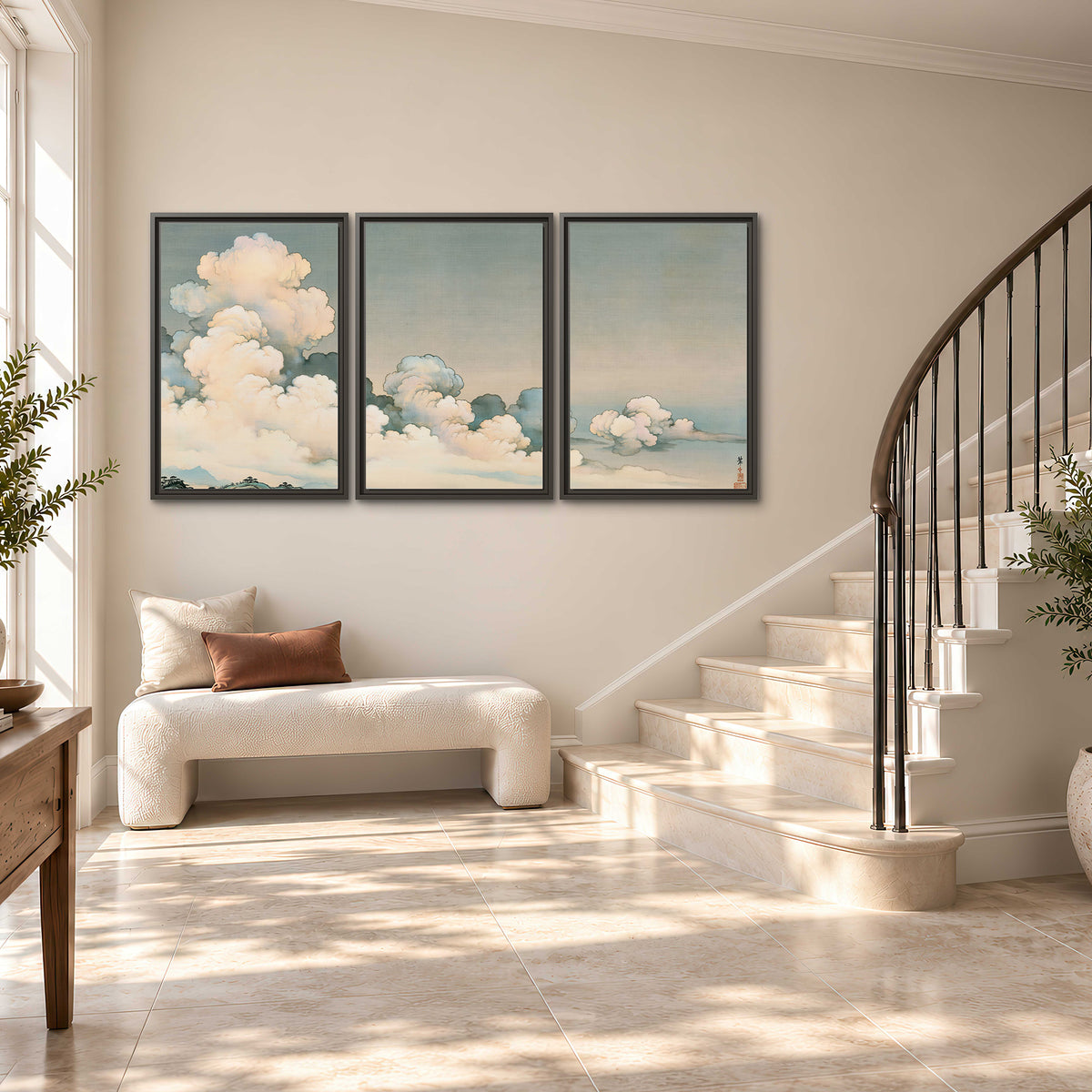 Soft cream clouds gathered low in a muted blue-green sky 3 piece framed canvas wall art styled in an interior