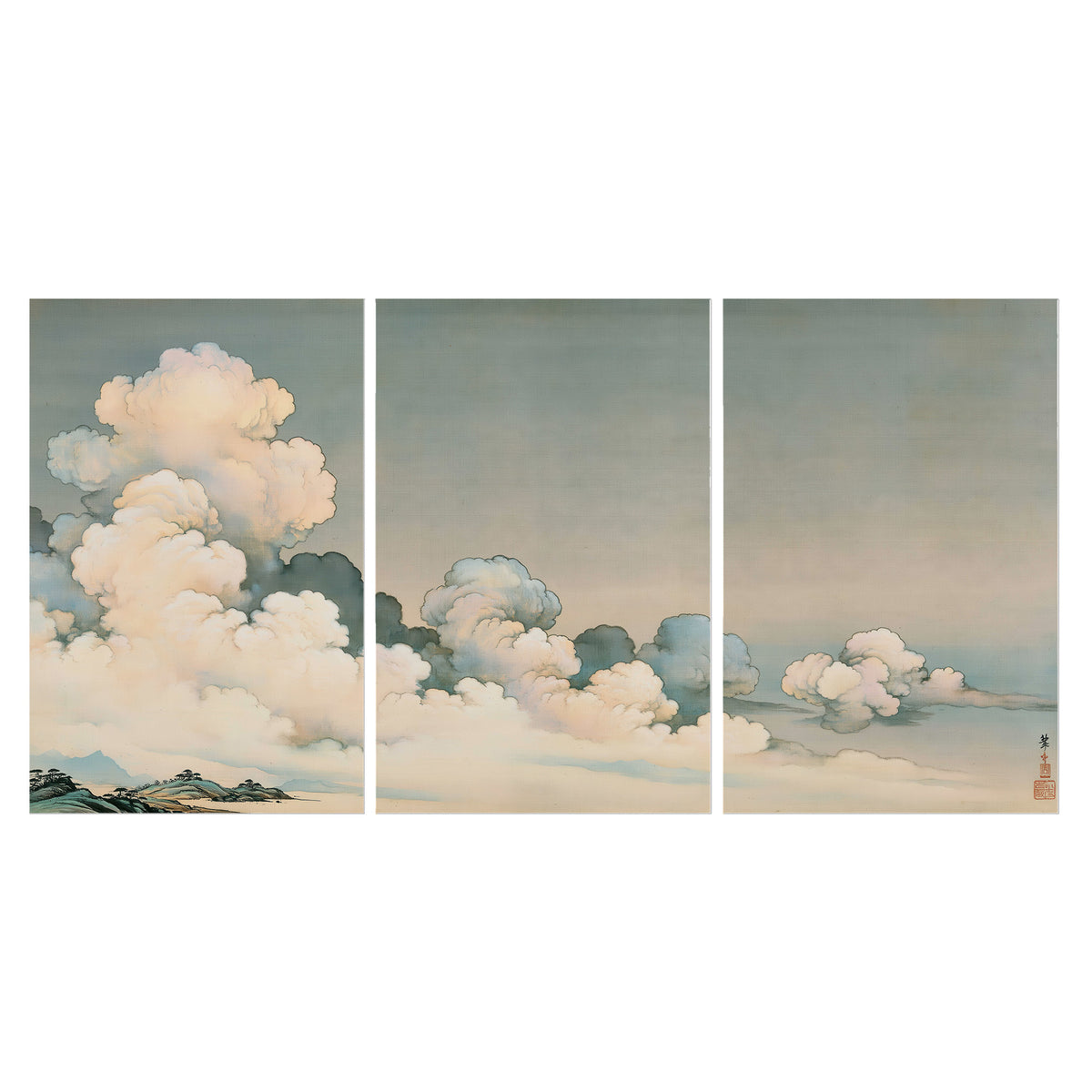 Soft cream clouds gathered low in a muted blue-green sky set of 3 poster prints viewed straight on