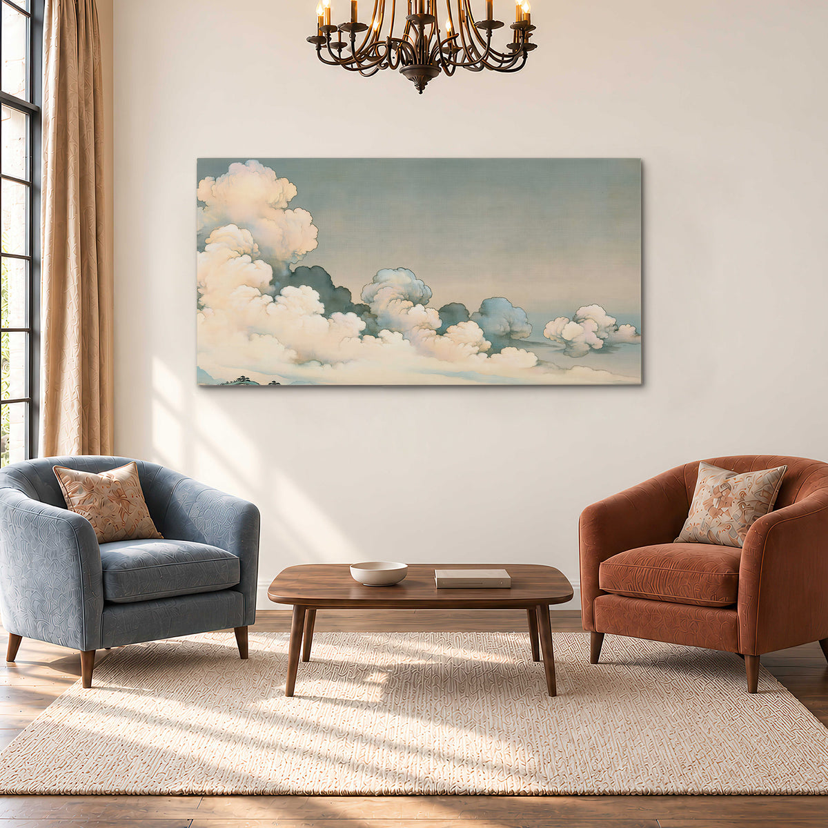 Soft cream clouds gathered low in a muted blue-green sky single canvas wall art styled in an interior