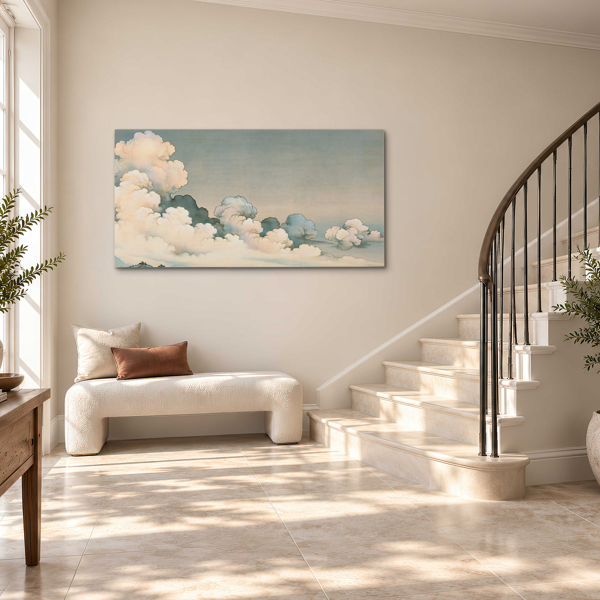 Soft cream clouds gathered low in a muted blue-green sky single canvas wall art styled in an interior