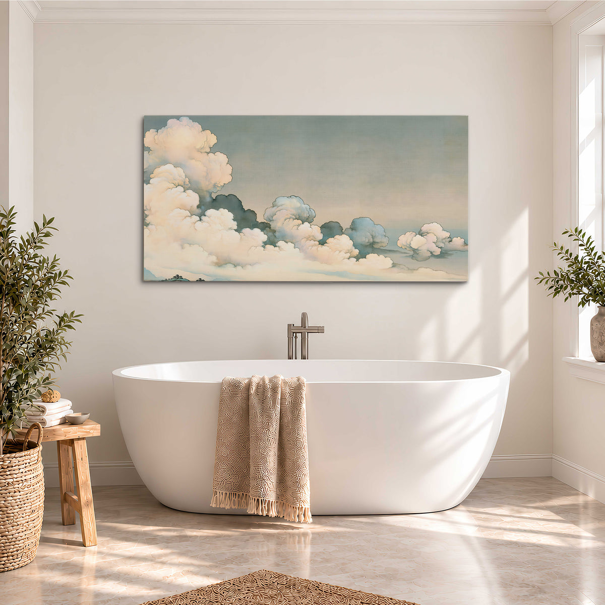 Soft cream clouds gathered low in a muted blue-green sky single canvas wall art styled in an interior