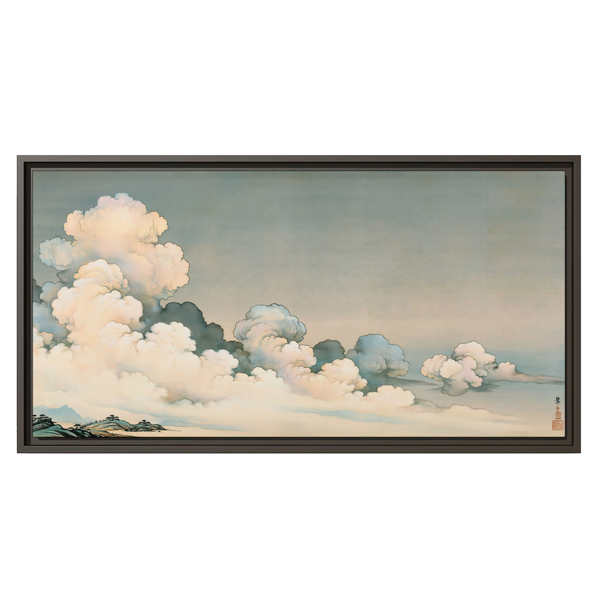 Soft cream clouds gathered low in a muted blue-green sky single framed canvas wall art viewed straight on