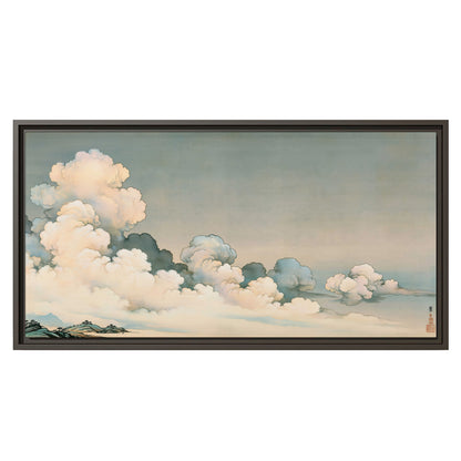 Soft cream clouds gathered low in a muted blue-green sky single framed canvas wall art viewed straight on
