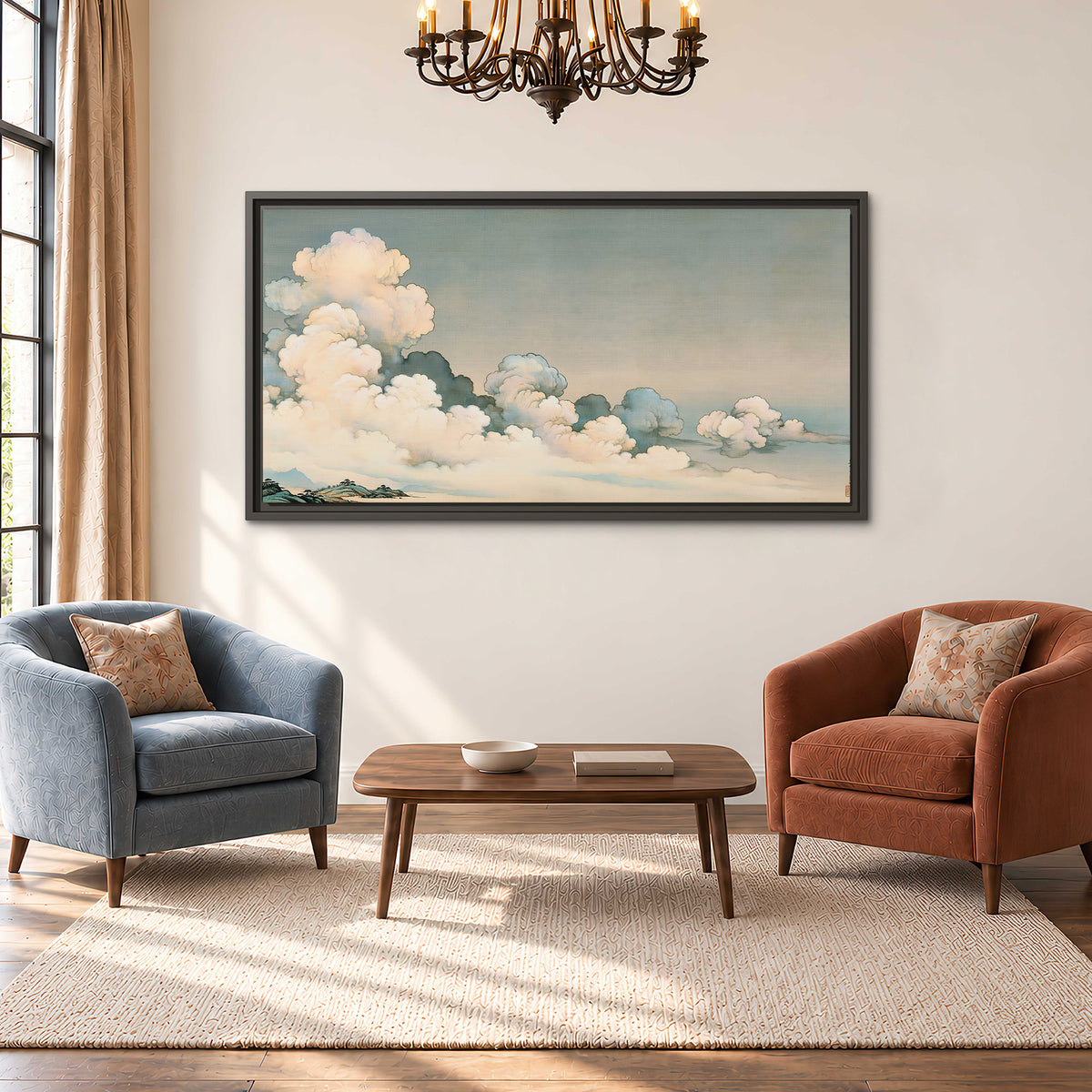 Soft cream clouds gathered low in a muted blue-green sky single framed canvas wall art styled in an interior