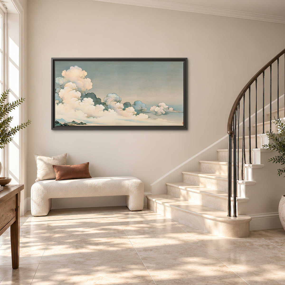 Soft cream clouds gathered low in a muted blue-green sky single framed canvas wall art styled in an interior