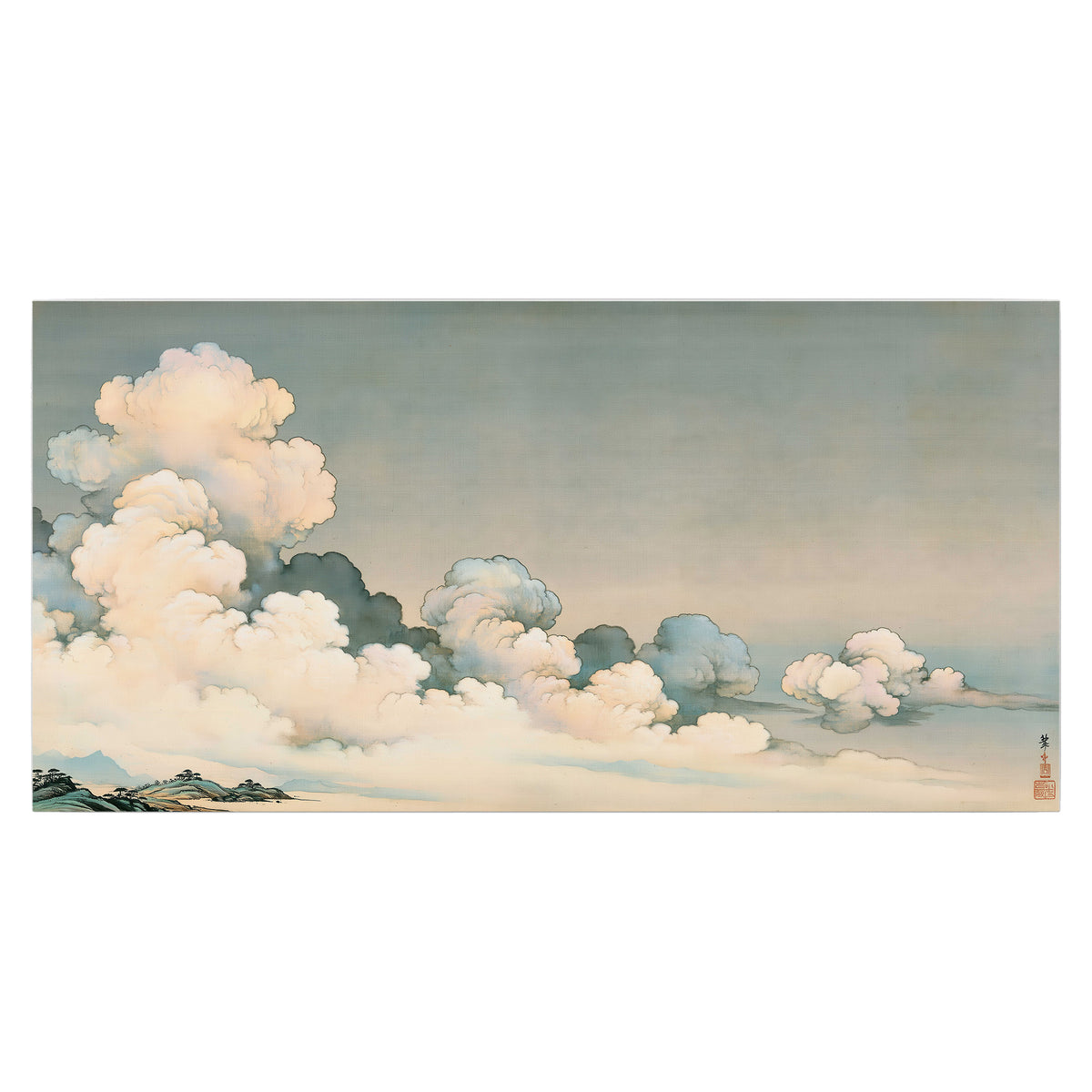 Soft cream clouds gathered low in a muted blue-green sky single poster print viewed straight on