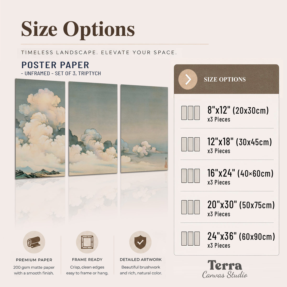 Soft cream clouds gathered low in a muted blue-green sky set of 3 poster prints available dimensions; triptych dimensions are per panel
