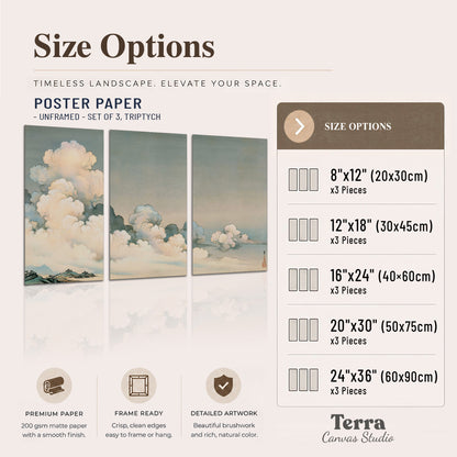Soft cream clouds gathered low in a muted blue-green sky set of 3 poster prints available dimensions; triptych dimensions are per panel