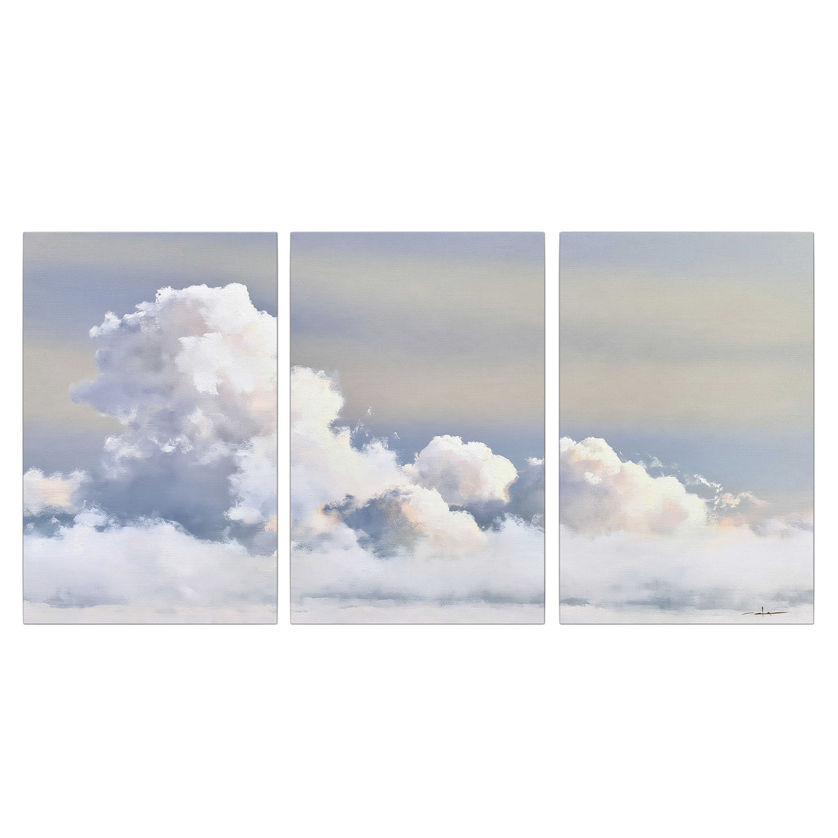 Large white clouds rising through a pale blue sky with gentle warm highlights 3 piece canvas wall art viewed straight on