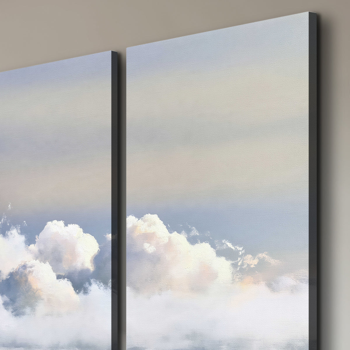 Large white clouds rising through a pale blue sky with gentle warm highlights 3 piece canvas wall art room and product view
