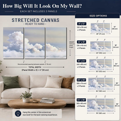 Large white clouds rising through a pale blue sky with gentle warm highlights 3 piece canvas wall art size guide above a sofa; room view is illustrative
