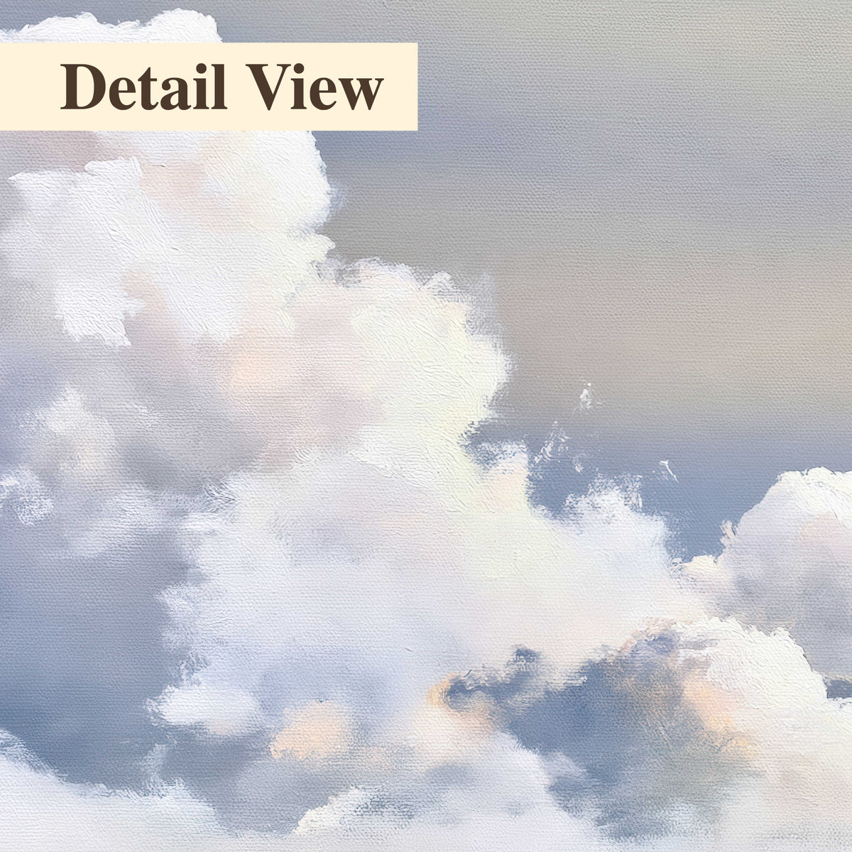 Large white clouds rising through a pale blue sky with gentle warm highlights 3 piece canvas wall art artwork detail close up