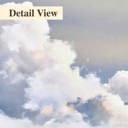 Large white clouds rising through a pale blue sky with gentle warm highlights 3 piece canvas wall art artwork detail close up