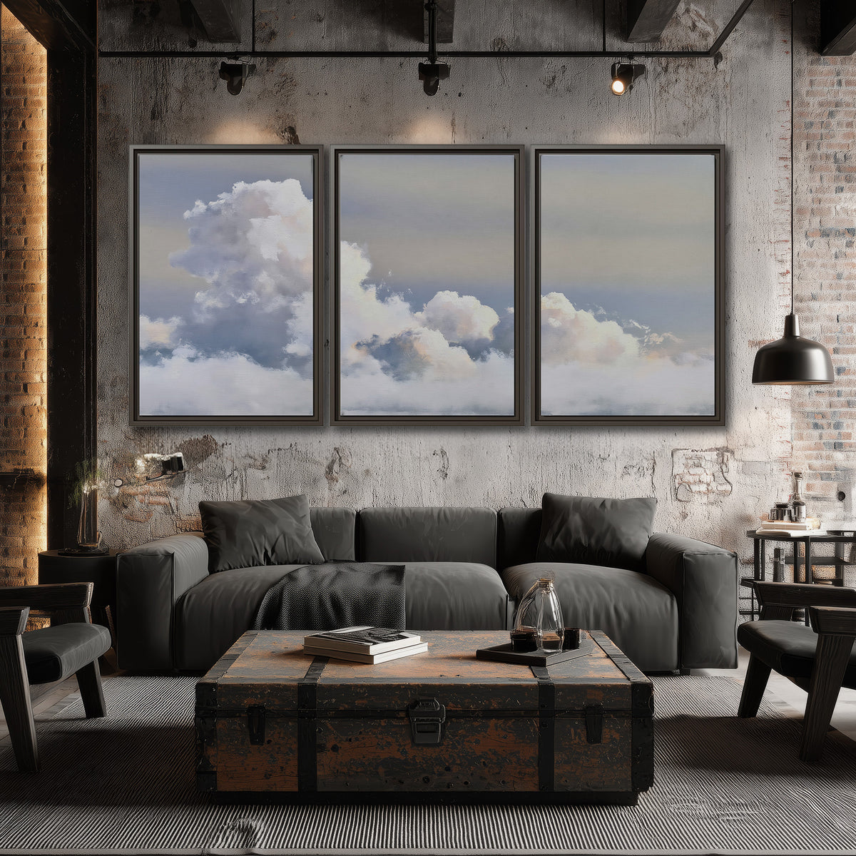 Large white clouds rising through a pale blue sky with gentle warm highlights 3 piece framed canvas wall art displayed in a industrial room