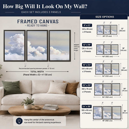 Large white clouds rising through a pale blue sky with gentle warm highlights 3 piece framed canvas wall art size guide above a sofa; room view is illustrative