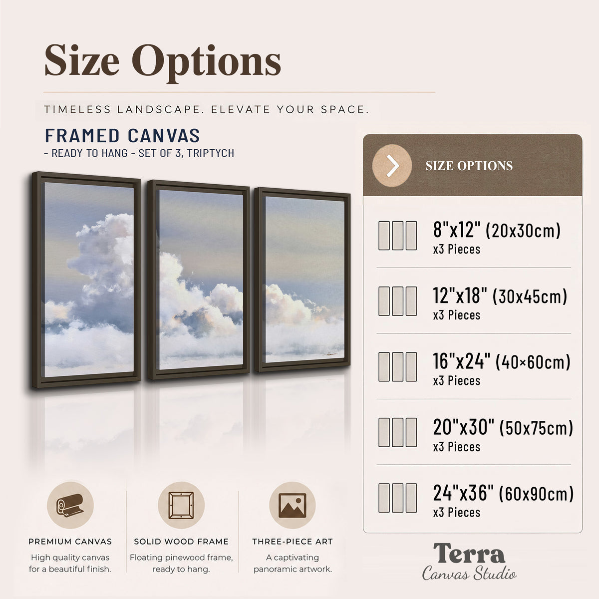 Large white clouds rising through a pale blue sky with gentle warm highlights 3 piece framed canvas wall art available dimensions; triptych dimensions are per panel
