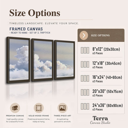 Large white clouds rising through a pale blue sky with gentle warm highlights 3 piece framed canvas wall art available dimensions; triptych dimensions are per panel