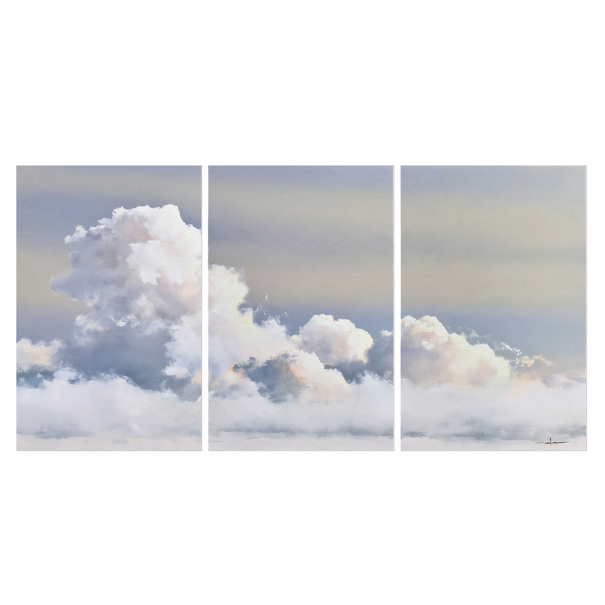 Large white clouds rising through a pale blue sky with gentle warm highlights set of 3 poster prints viewed straight on