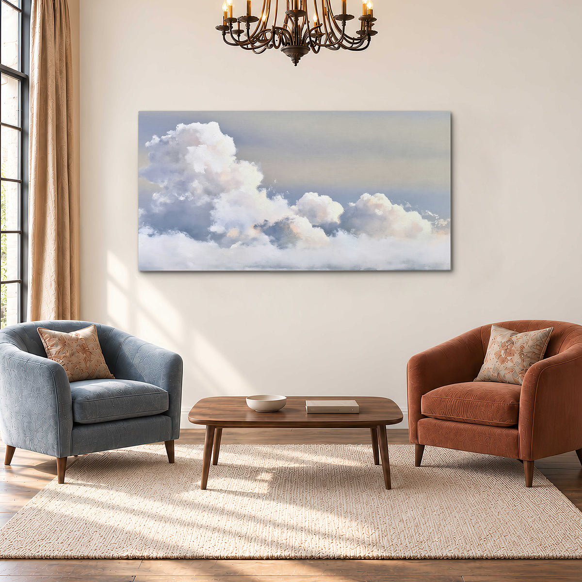 Large white clouds rising through a pale blue sky with gentle warm highlights single canvas wall art styled in an interior