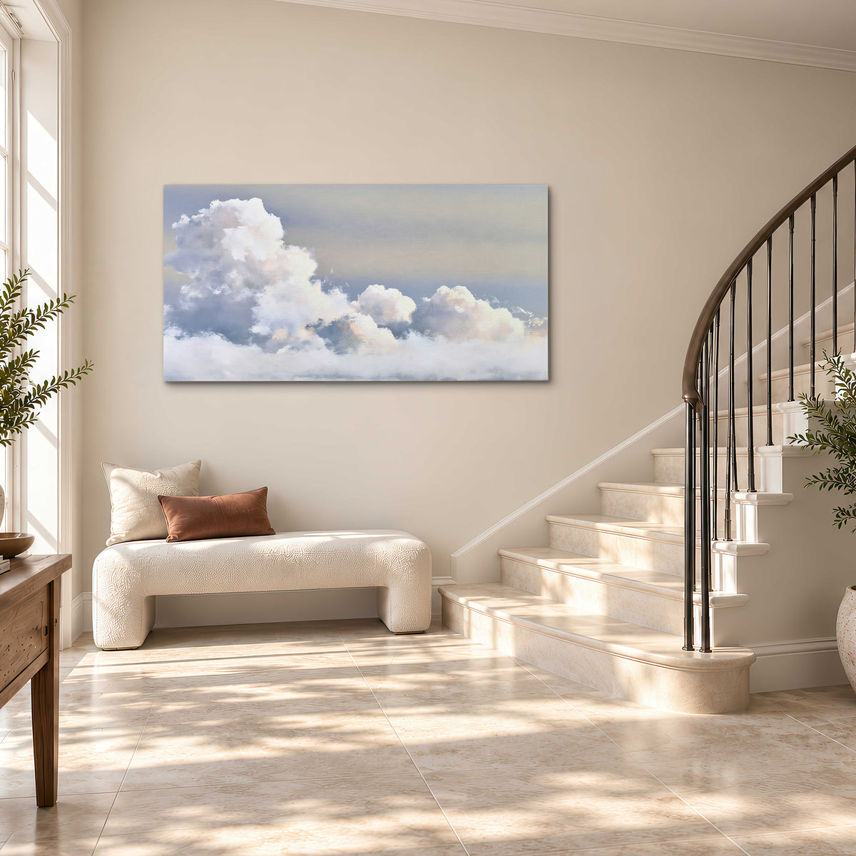 Large white clouds rising through a pale blue sky with gentle warm highlights single canvas wall art styled in an interior