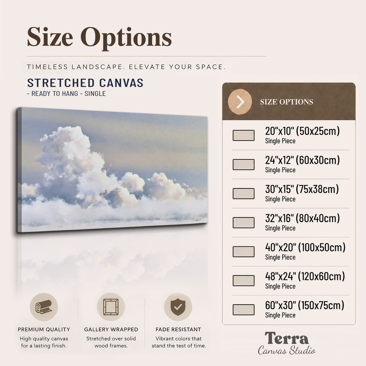 Large white clouds rising through a pale blue sky with gentle warm highlights single canvas wall art available dimensions