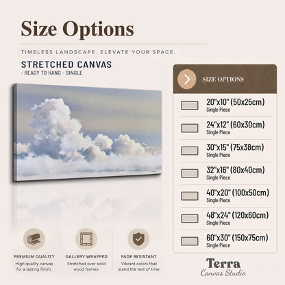 Large white clouds rising through a pale blue sky with gentle warm highlights single canvas wall art available dimensions