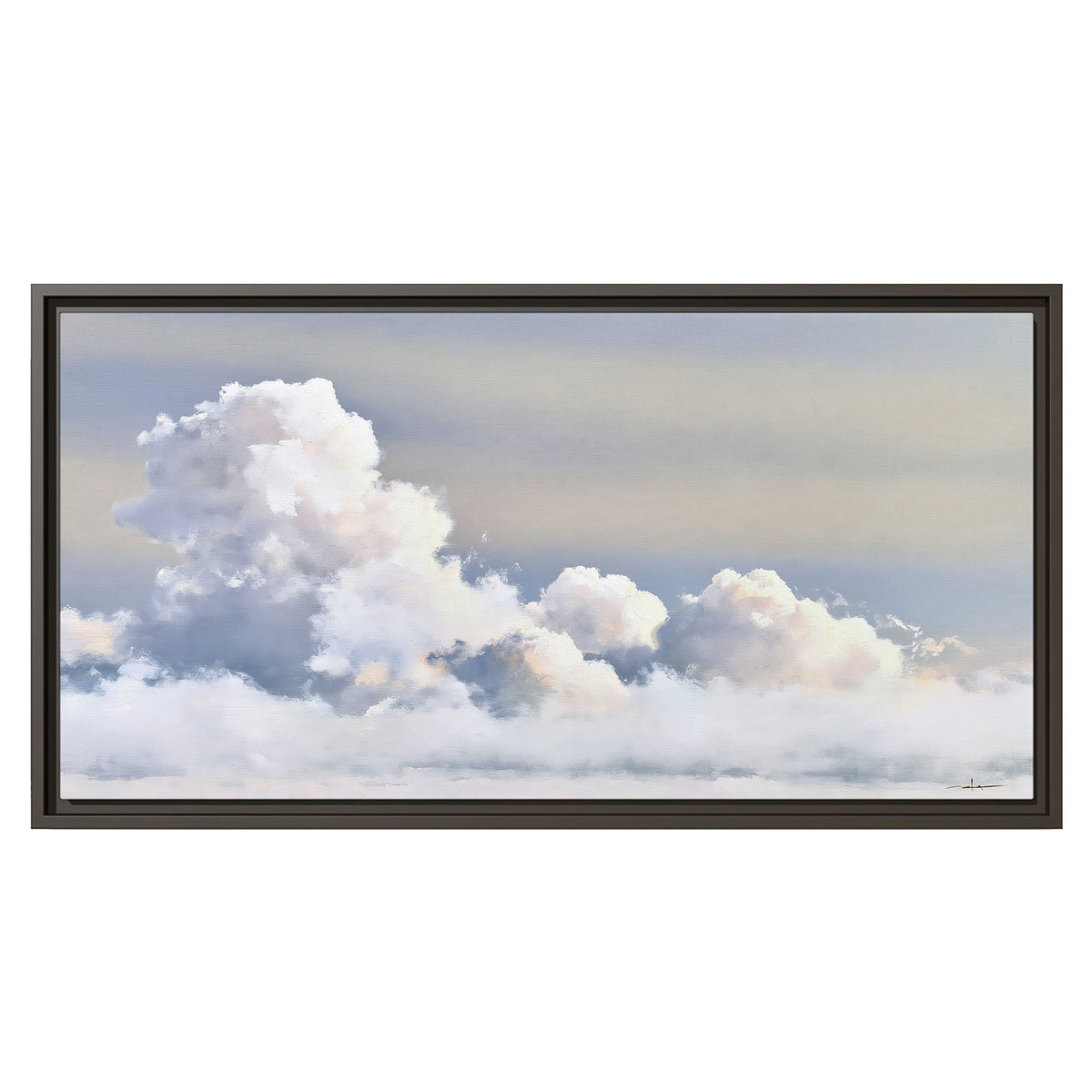 Large white clouds rising through a pale blue sky with gentle warm highlights single framed canvas wall art viewed straight on