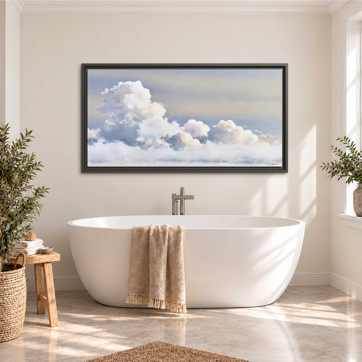 Large white clouds rising through a pale blue sky with gentle warm highlights single framed canvas wall art styled in an interior